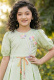 Pastel Green Puff Sleeve Casual Frock with Rainbow Belt & 3D Floral Appliqué For Girls