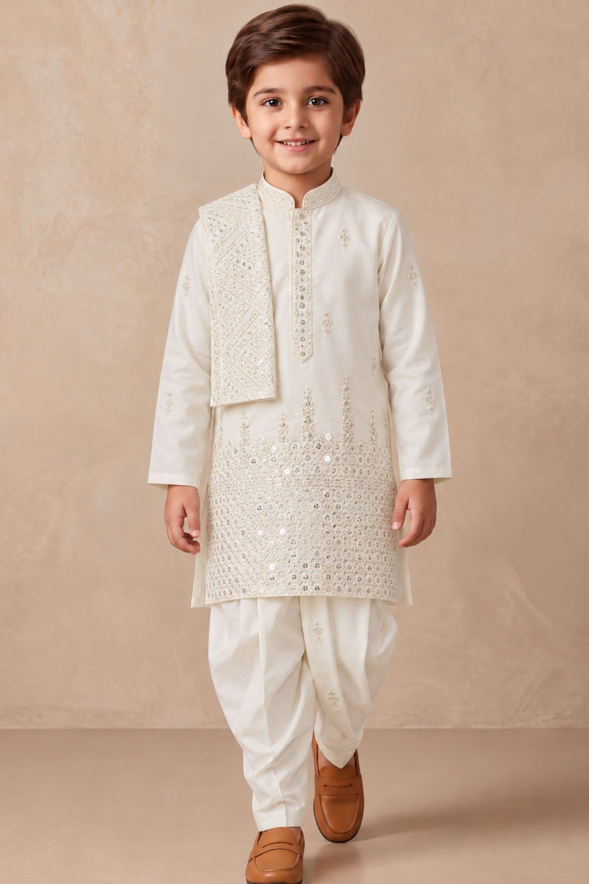 Boys Elegant Ivory Sequin Embroidered Dhoti Set
