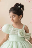 Pista Green One-Shoulder Party Frock with 3D Floral Bow For Girls