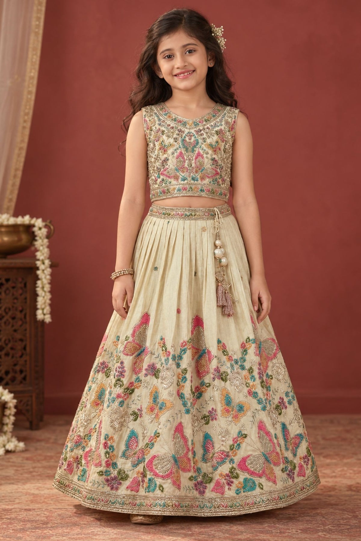 Cream Butterfly Embroidered Lehenga Choli Set For Girls