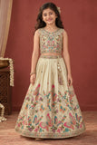 Cream Butterfly Embroidered Lehenga Choli Set For Girls