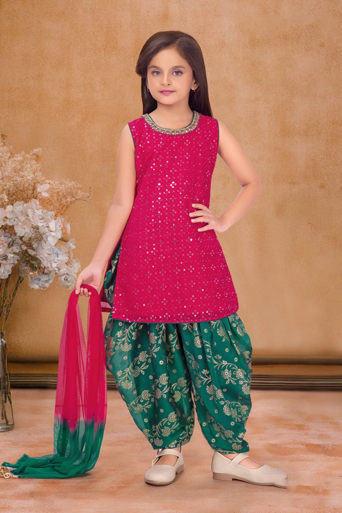 Rani Pink & Bottle Green Seqiuns Embroidered Patiala Set with Dupatta For Girls