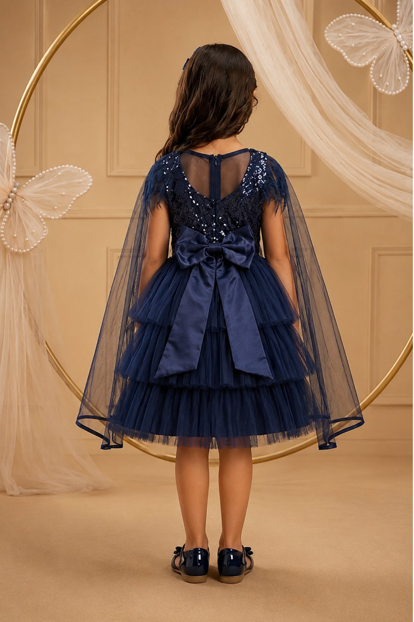 Girls Navy Blue Layered Net Party Frock with Cape Sleeves