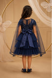 Girls Navy Blue Layered Net Party Frock with Cape Sleeves