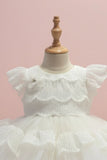 White Layered Frock with White Scallop Lace and Floral Accent For Girls