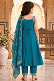 Girls Blue Embroidered Sleeveless Kurta Set With Dupatta