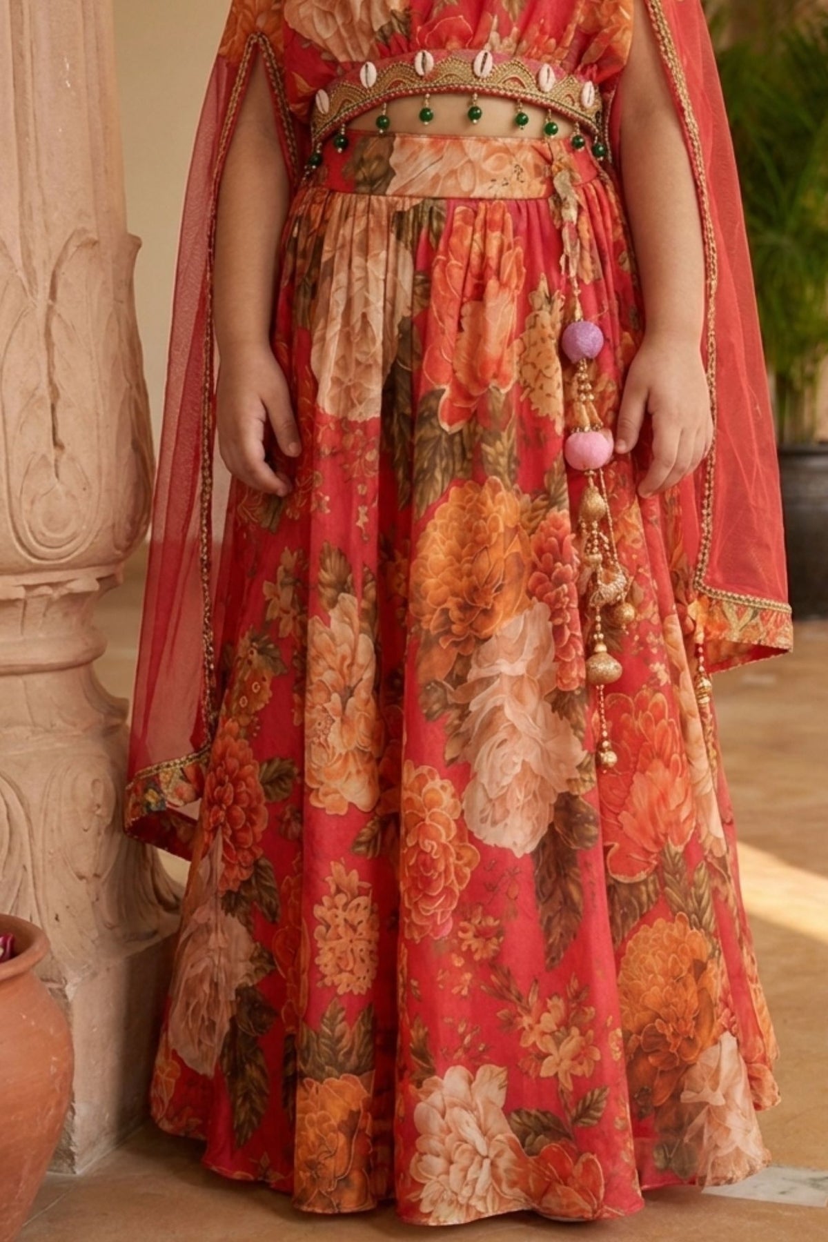 Coral Pink Floral Printed Cape Style Lehenga Choli