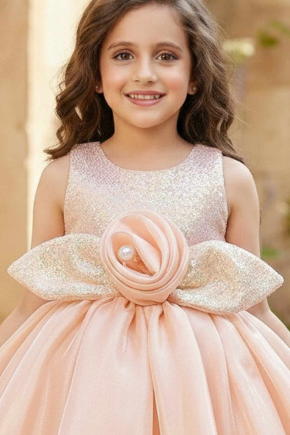 Peach Shimmer Party Wear Frock with 3D Floral Appliqué For Girls