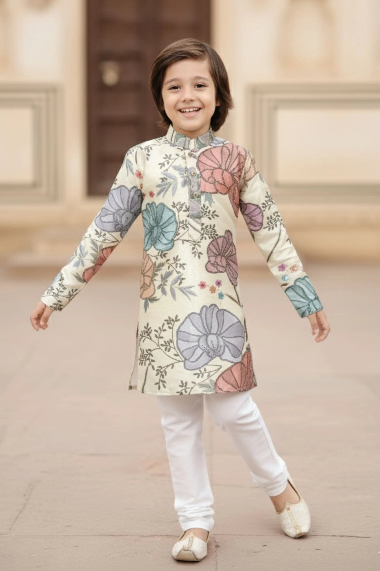 Cream Multicolor Floral Printed Kurta with White Pajama For Boys