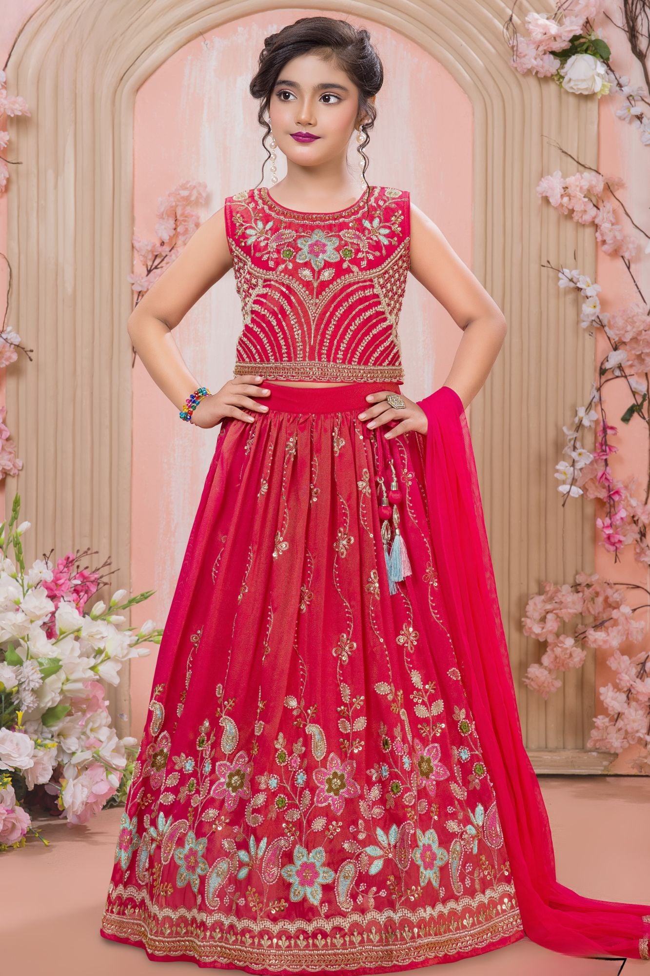 Girls Pink Embroidered Lehenga Choli with Dupatta