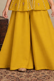 Girls Mustard With Multicolour Floral Bead Embroidered Peplum Top Palazzo Set