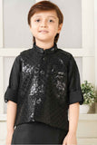 Black Kurta Set With Sequin Work Bandi For Boys