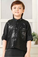 Black Kurta Set With Sequin Work Bandi For Boys