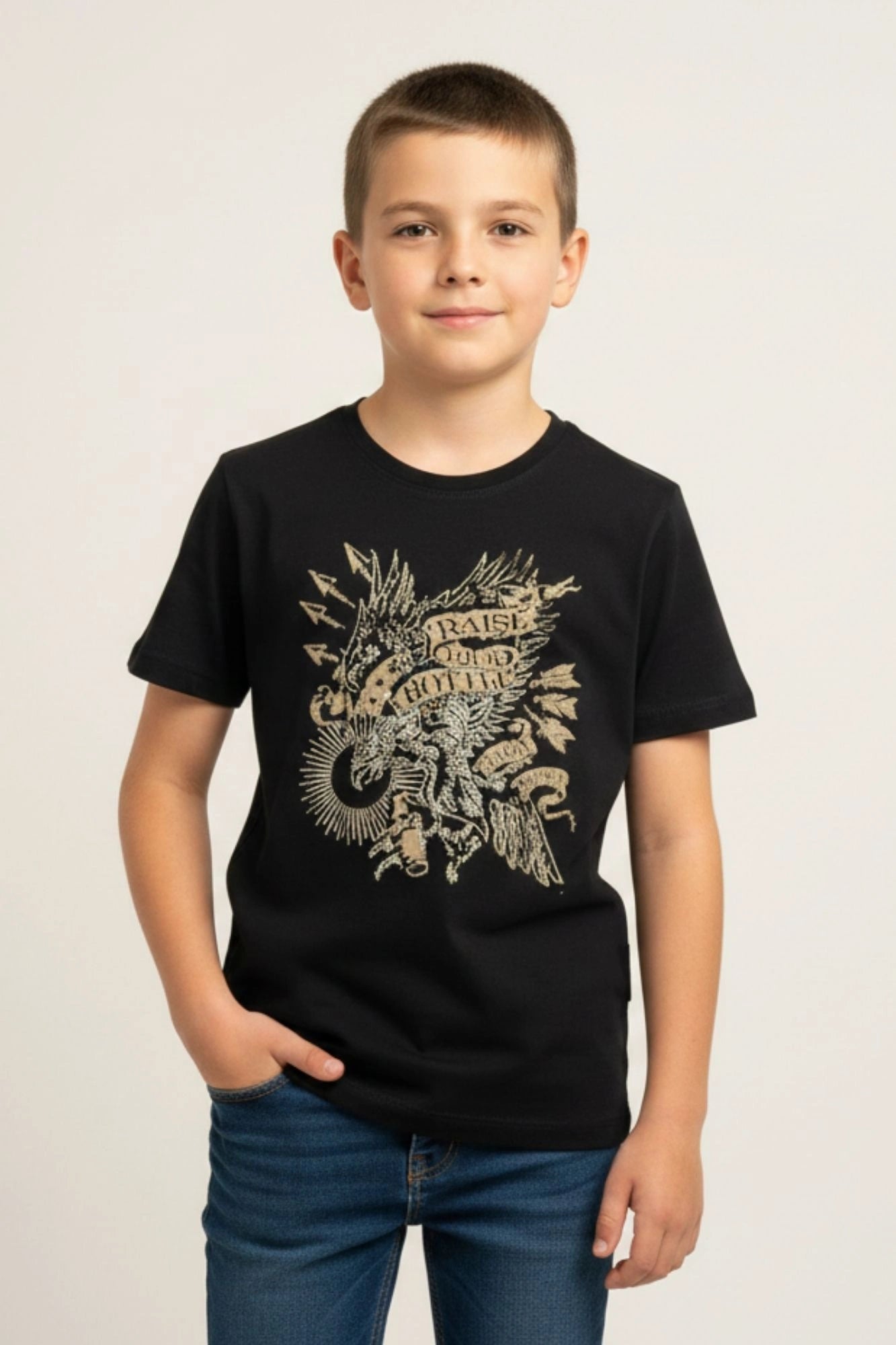 Black Graphic T-Shirt with Beige Textured Blazer Set For Boys