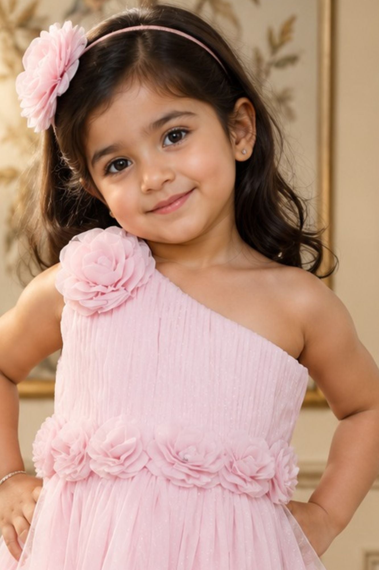 Pink Floral Embellished Frock With One-Sided Sleeve For Girls