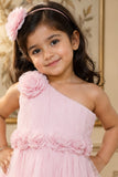 Pink Floral Embellished Frock With One-Sided Sleeve For Girls