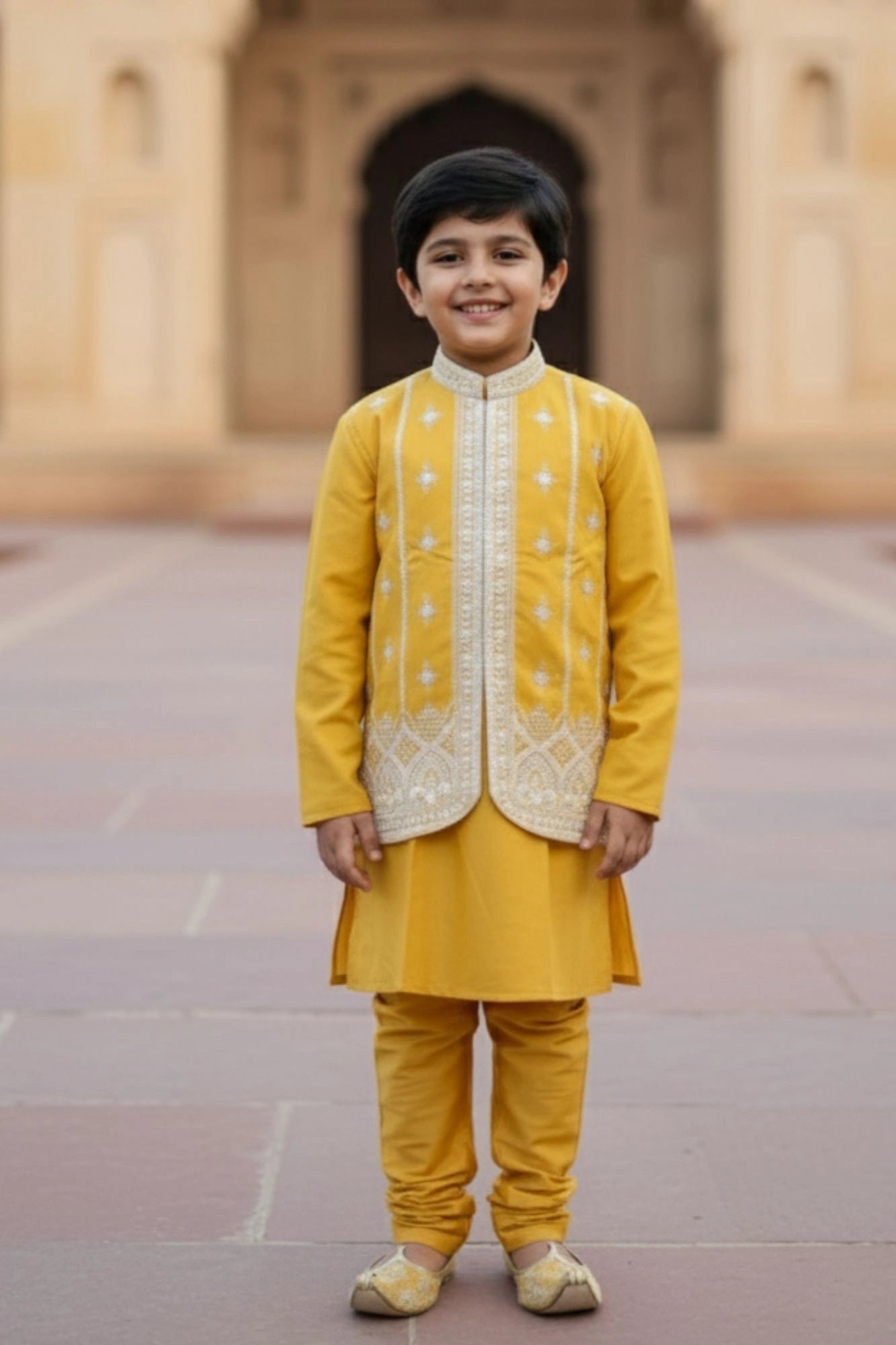 Mustard Yellow Embroidered Kurta Set with Nehru Jacket For Boys