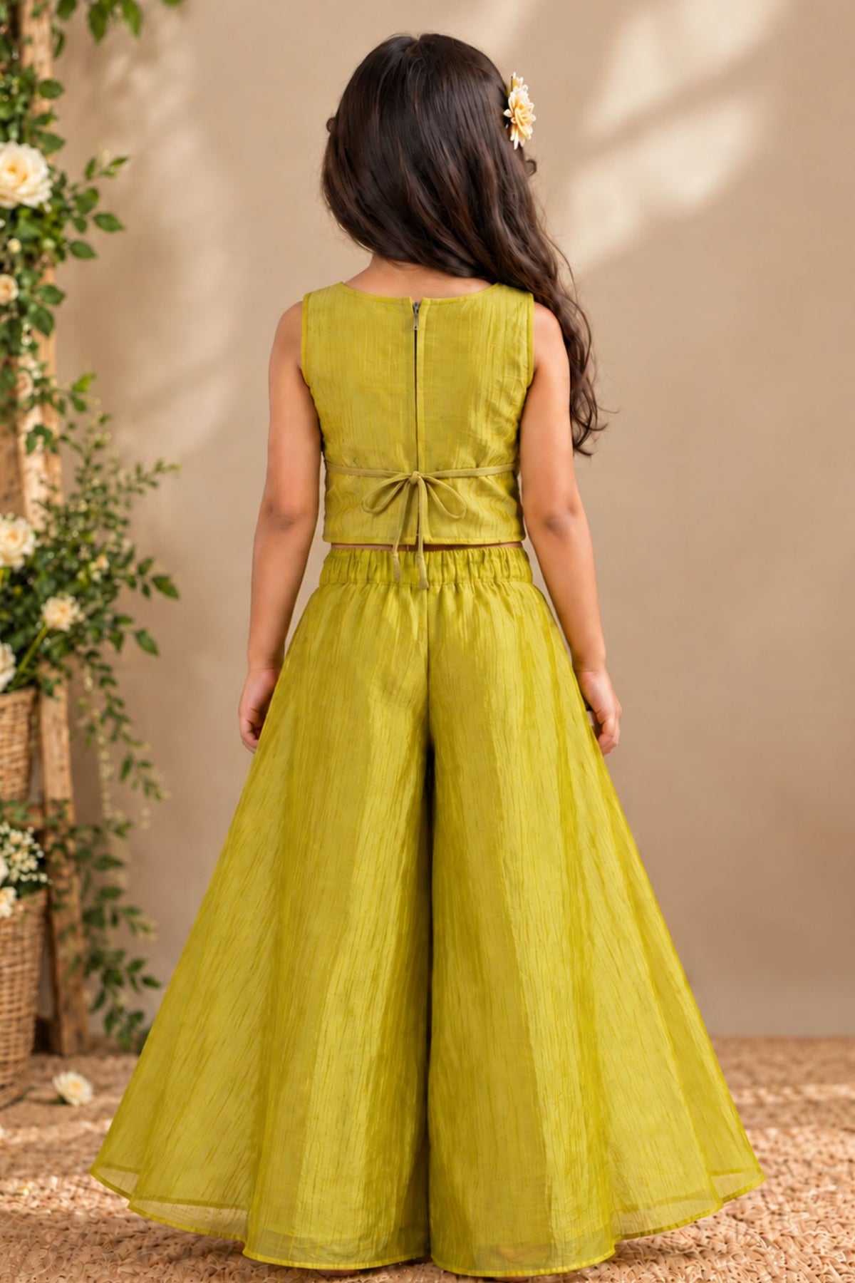 Girls Gold Sequin And Zari Embroidered Sleeveless Palazzo Set With Dupatta