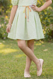 Pastel Green Puff Sleeve Casual Frock with Rainbow Belt & 3D Floral Appliqué For Girls