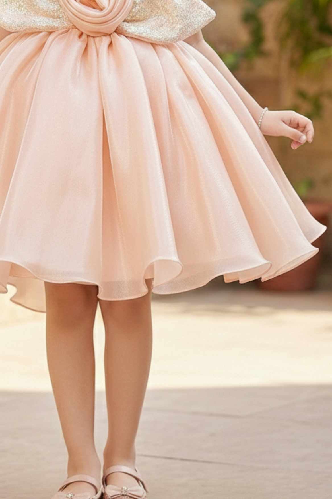 Peach Shimmer Party Wear Frock with 3D Floral Appliqué For Girls