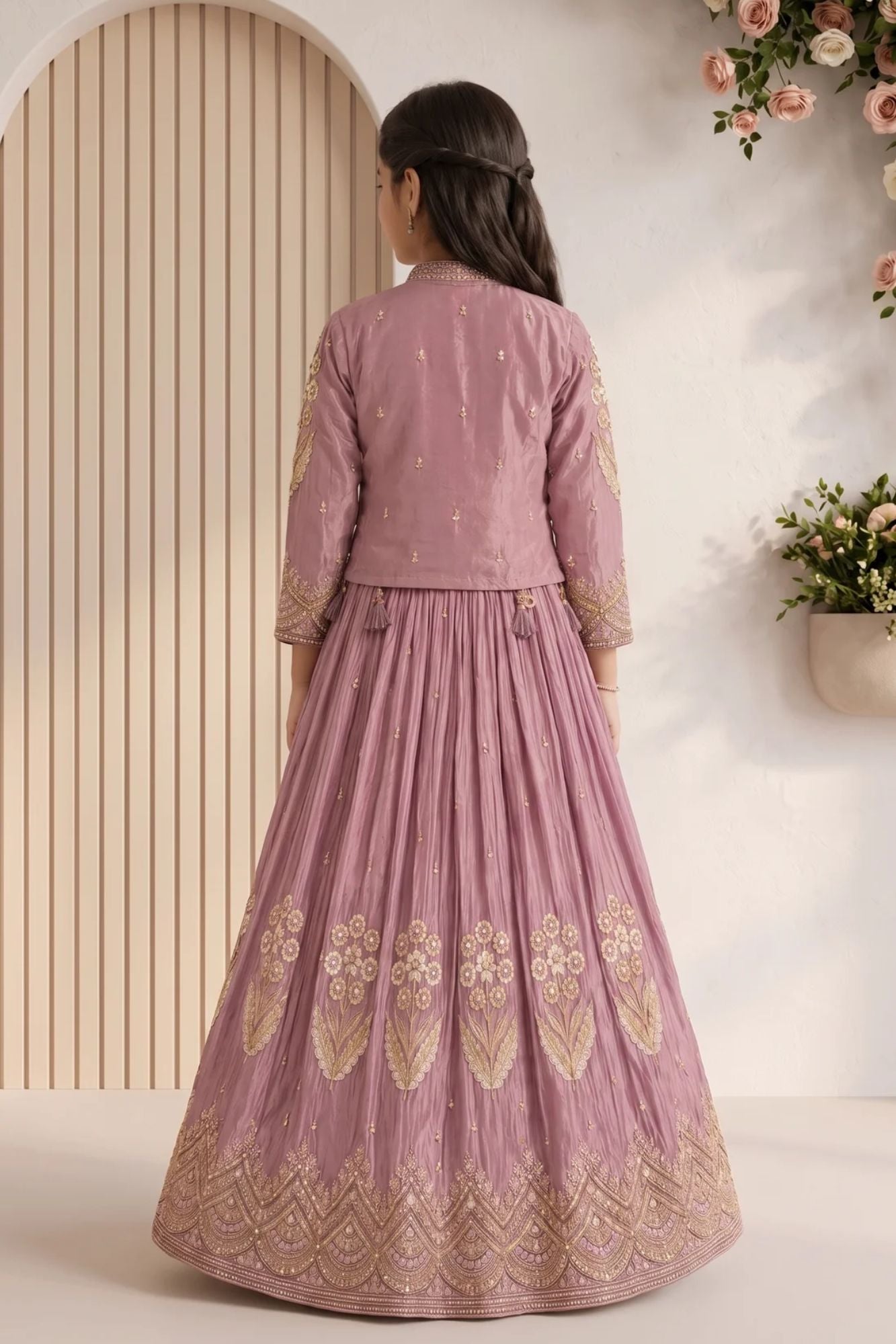 Dusty Mauve Heavy Floral Embroidered Lehenga Choli with Jacket