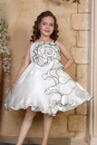 White Spiral 3D Petal Appliqué Party Frock For Girls