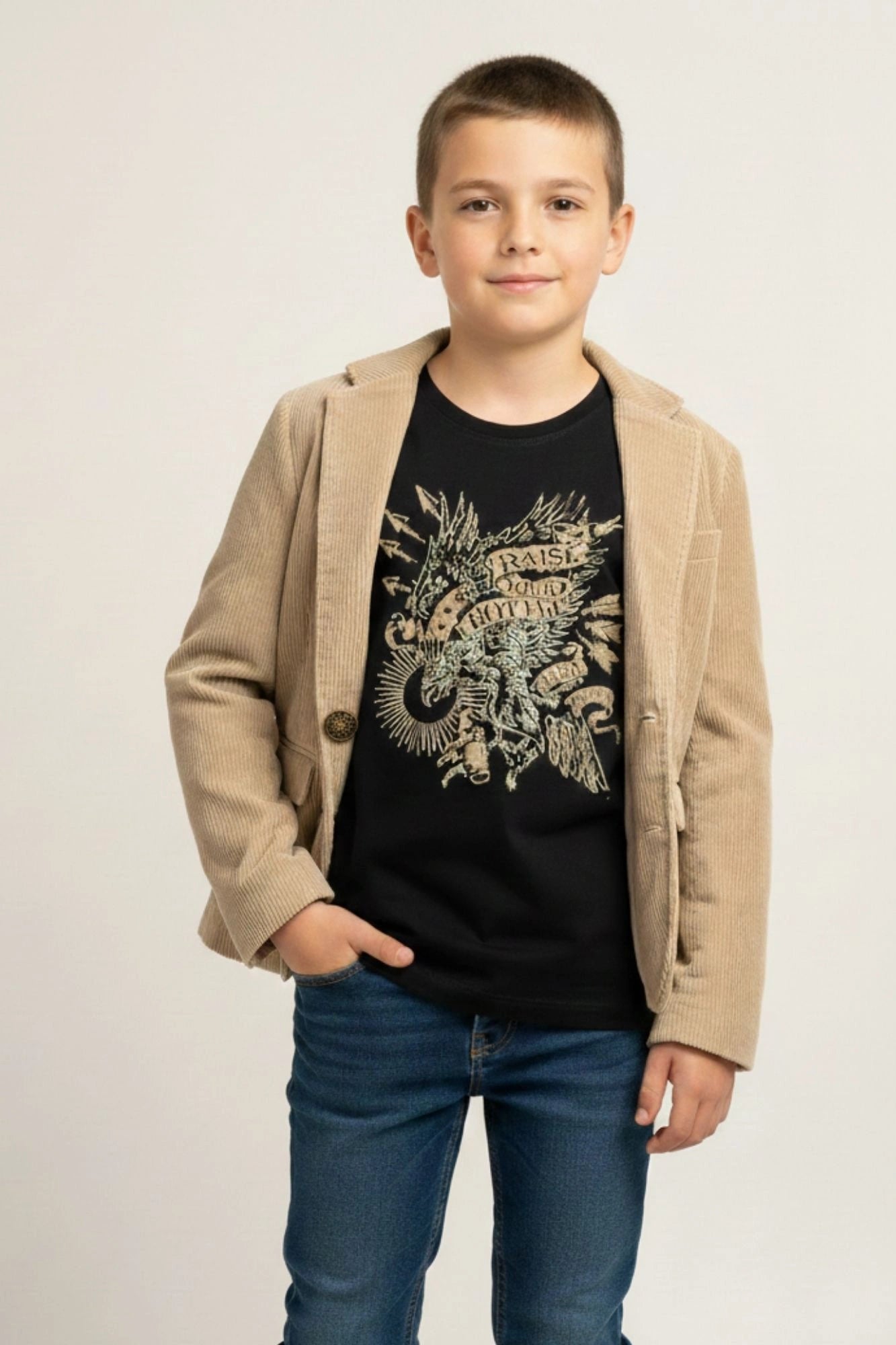 Black Graphic T-Shirt with Beige Textured Blazer Set For Boys