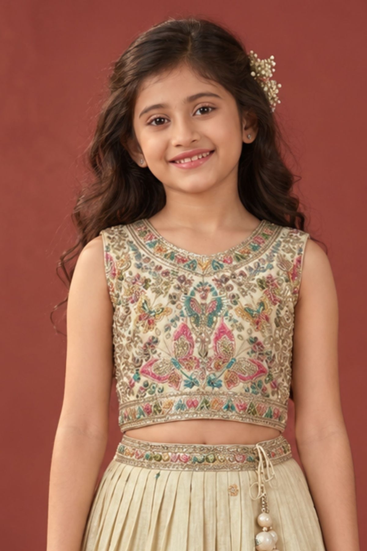 Cream Butterfly Embroidered Lehenga Choli Set For Girls
