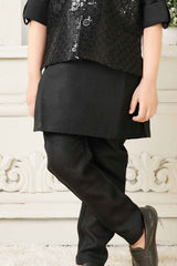 Black Kurta Set With Sequin Work Bandi For Boys