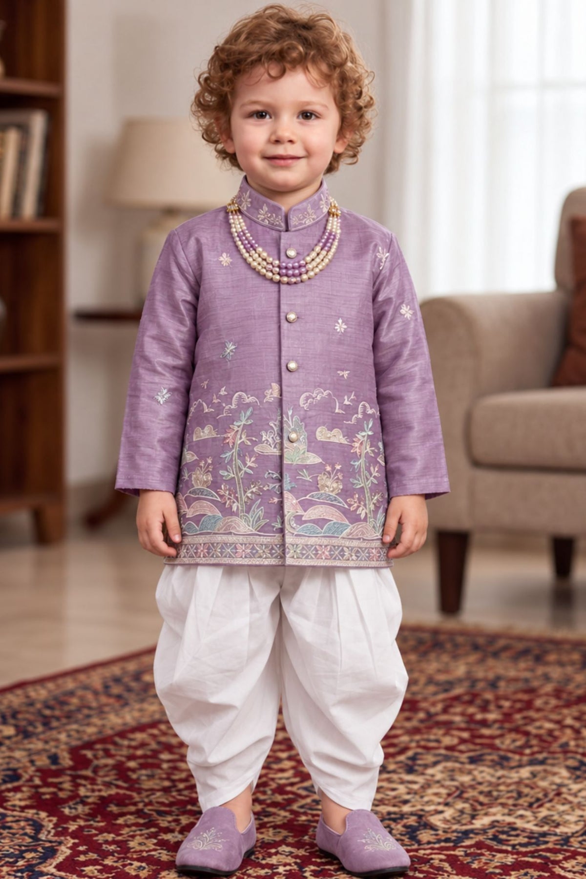 Boys Elegant Lavender Landscape Embroidered Dhoti Set