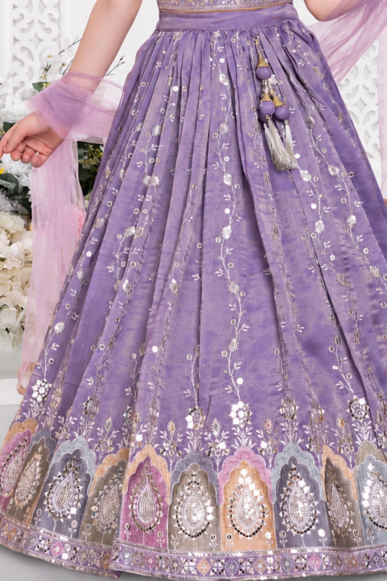 Girls Lavender Multicolour Zari Embroidered Lehenga Choli Set With Dupatta
