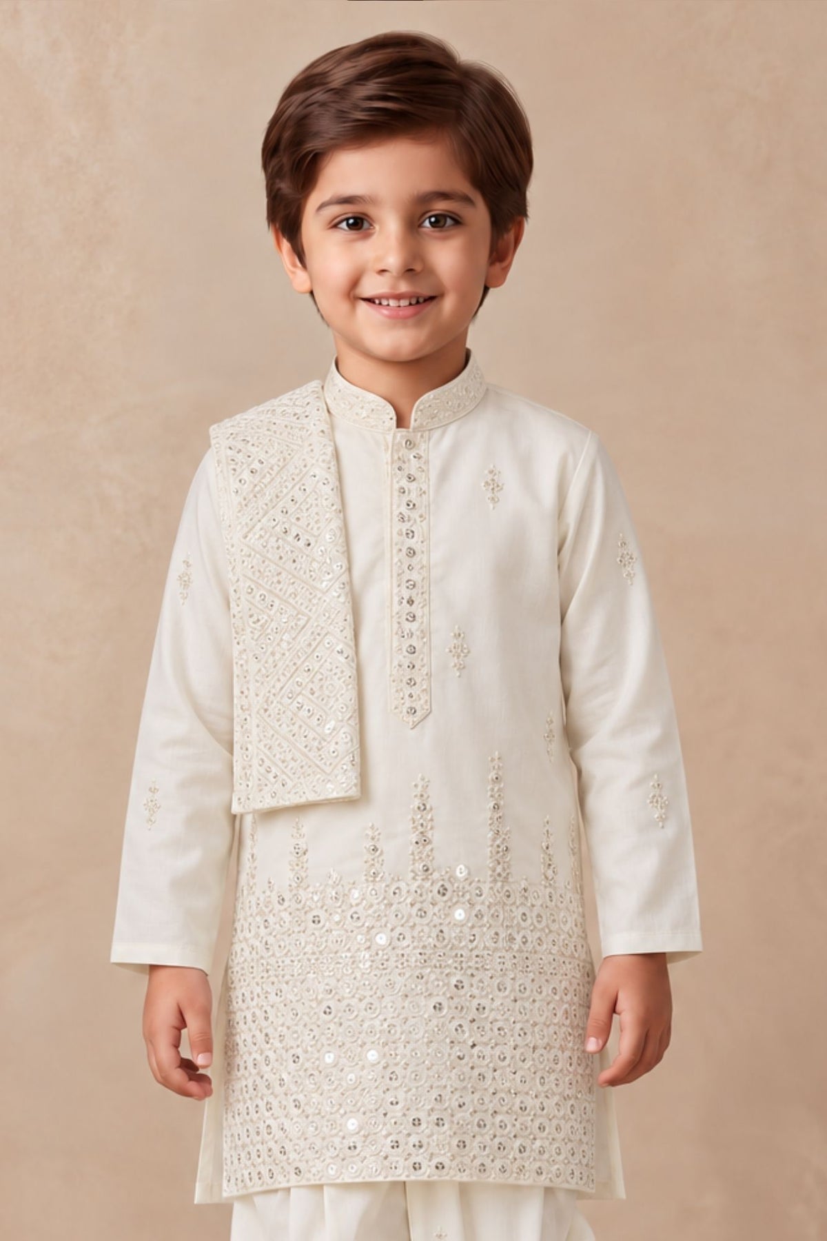 Boys Elegant Ivory Sequin Embroidered Dhoti Set
