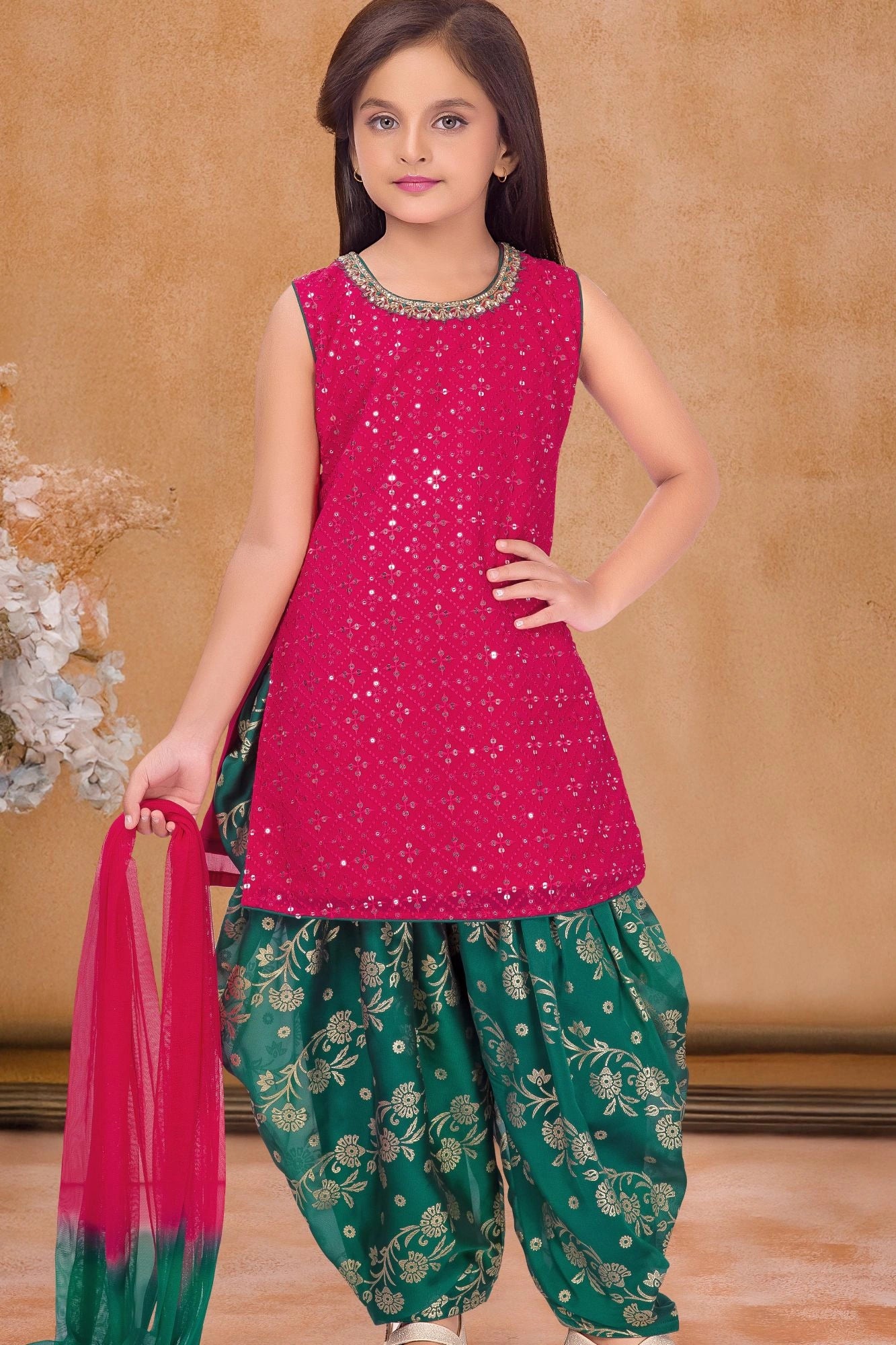 Rani Pink & Bottle Green Seqiuns Embroidered Patiala Set with Dupatta For Girls