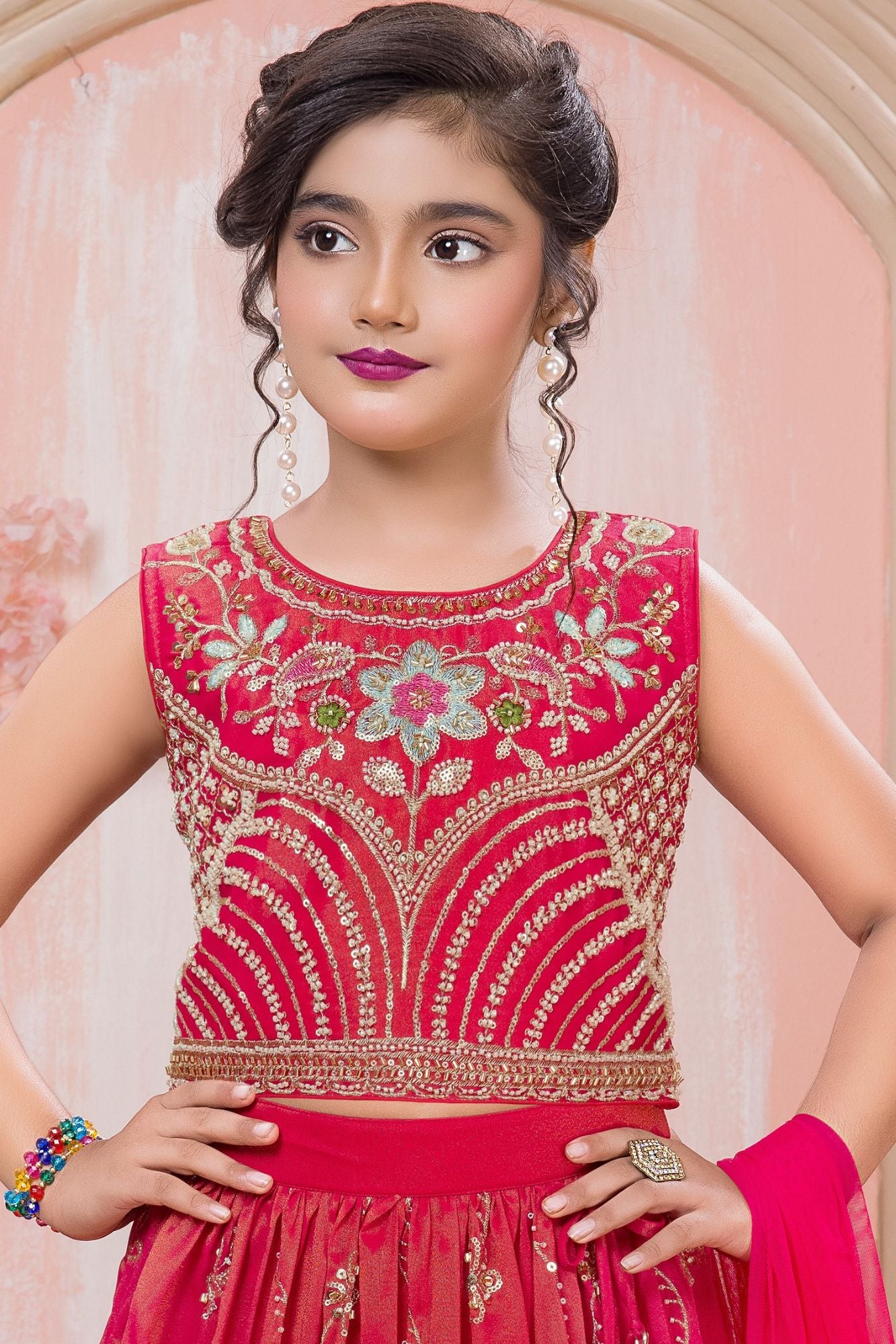 Girls Pink Embroidered Lehenga Choli with Dupatta