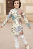 Cream Multicolor Floral Printed Kurta with White Pajama For Boys