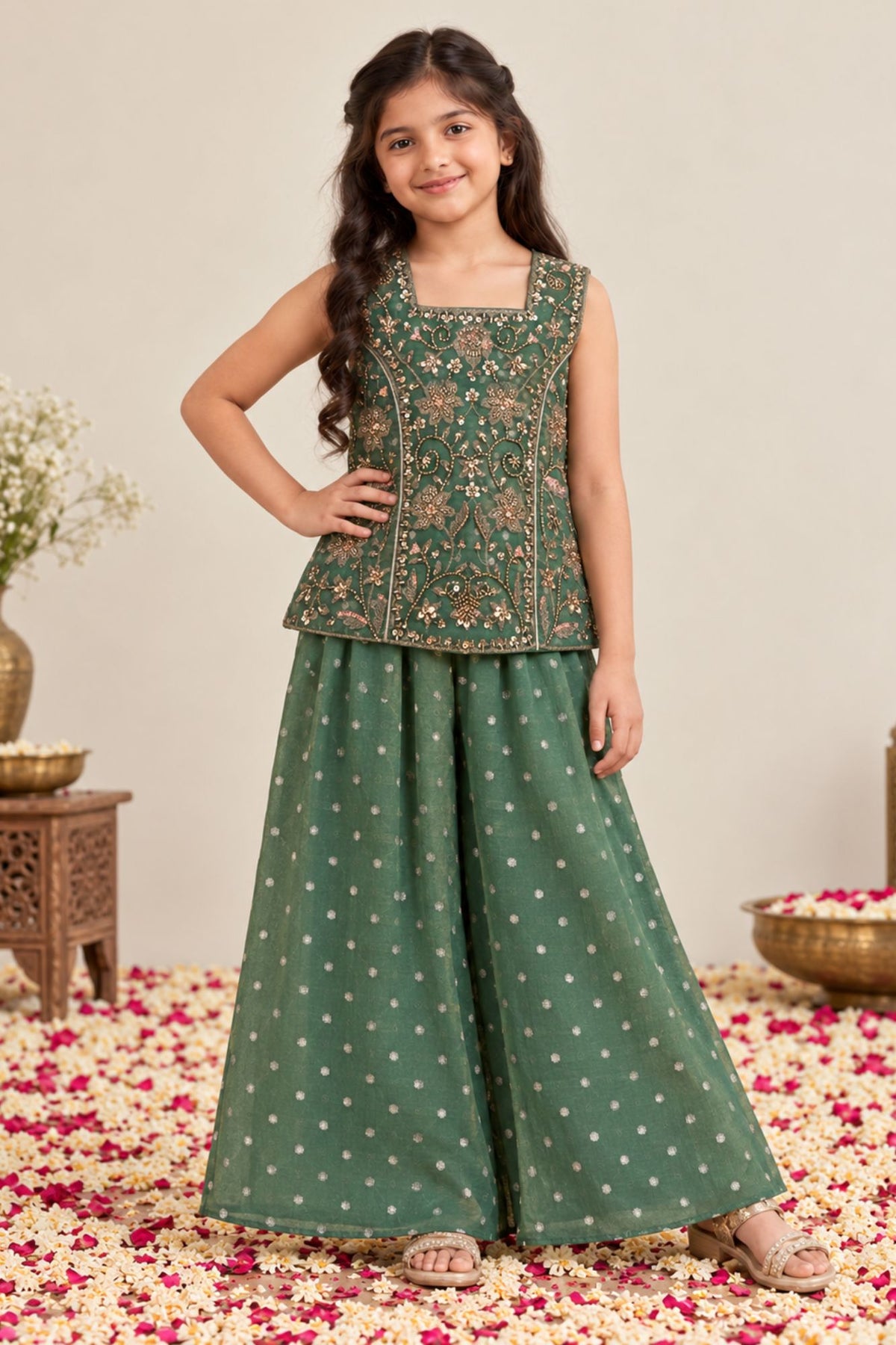 Girls Green Embroidered Palazzo Set