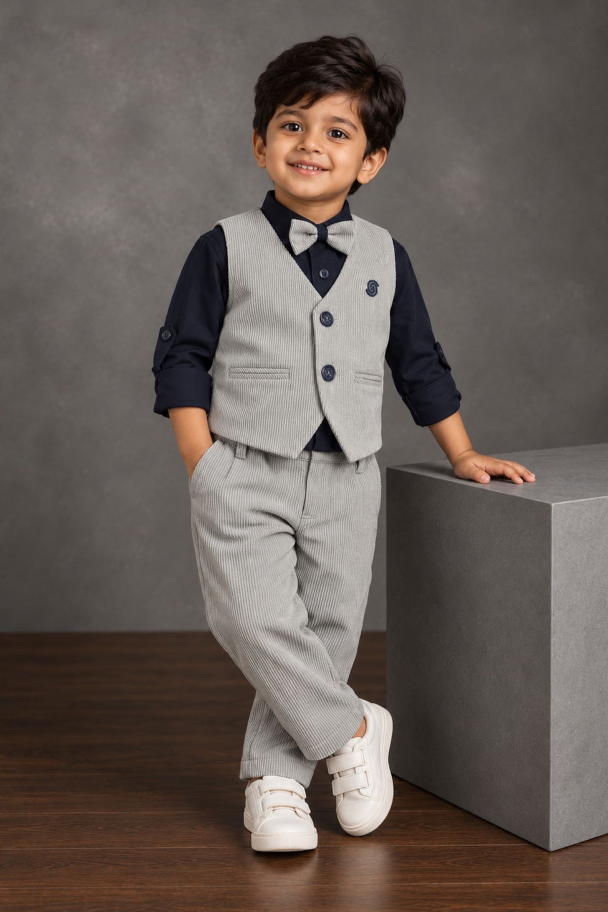 Boys Light Grey Corduroy Textured Waistcoat Suit Set with Bow Tie