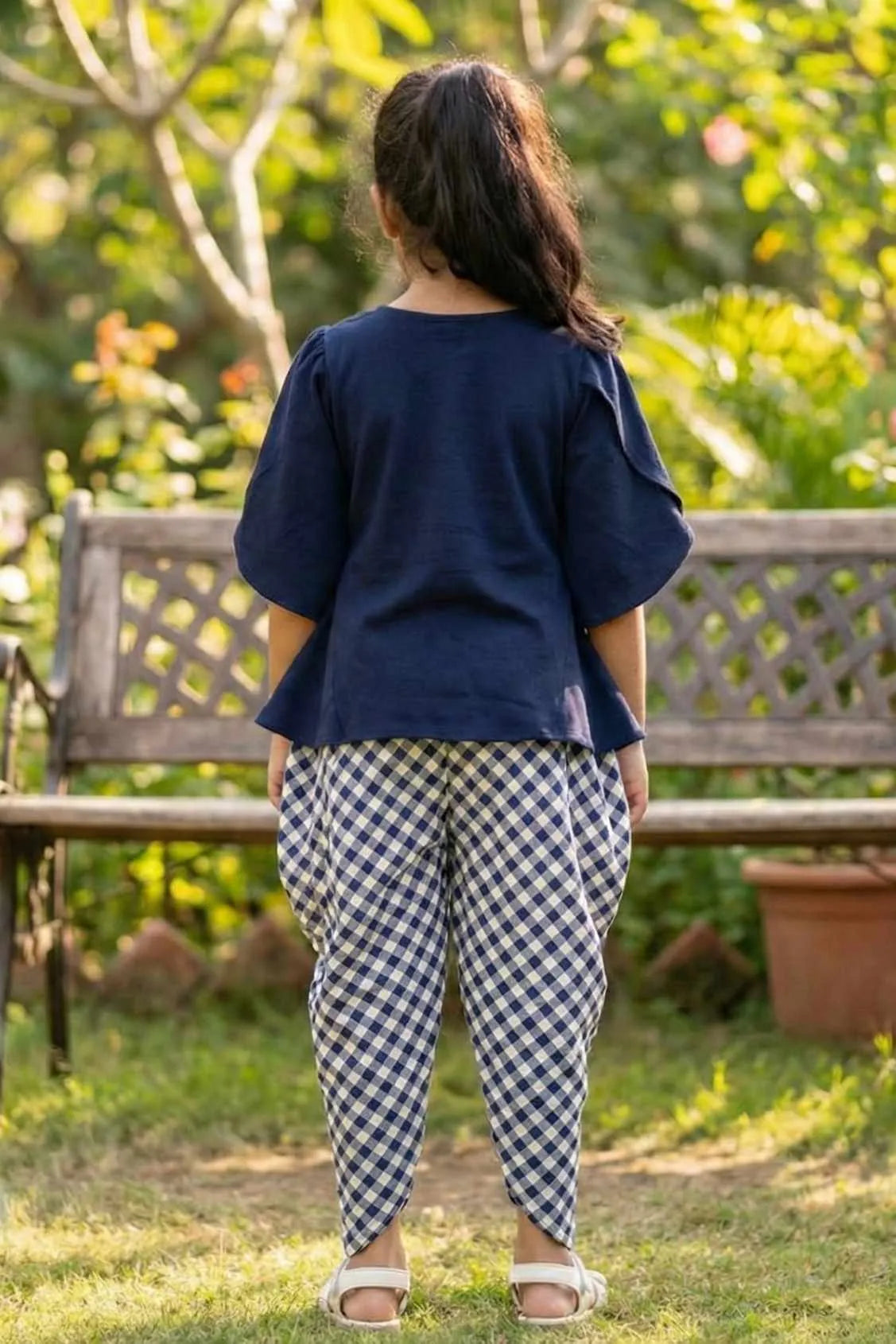 Navy Blue Top with Checkered Dhoti Pants Set For Girls