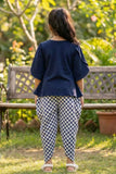 Navy Blue Top with Checkered Dhoti Pants Set For Girls