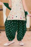 Green And Cream Embroidered Patiala Set For Girls