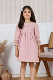 Baby Pink Textured Cotton Dress with Embroidered Border For Girls