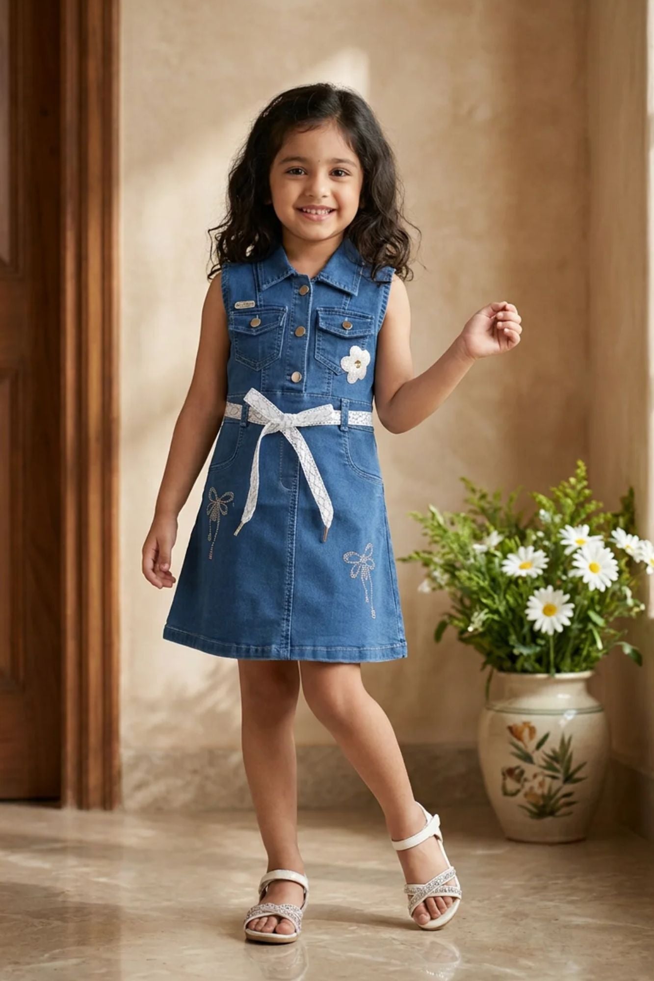Denim Sleeveless Dress with Floral Embroidery