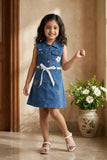 Denim Sleeveless Dress with Floral Embroidery
