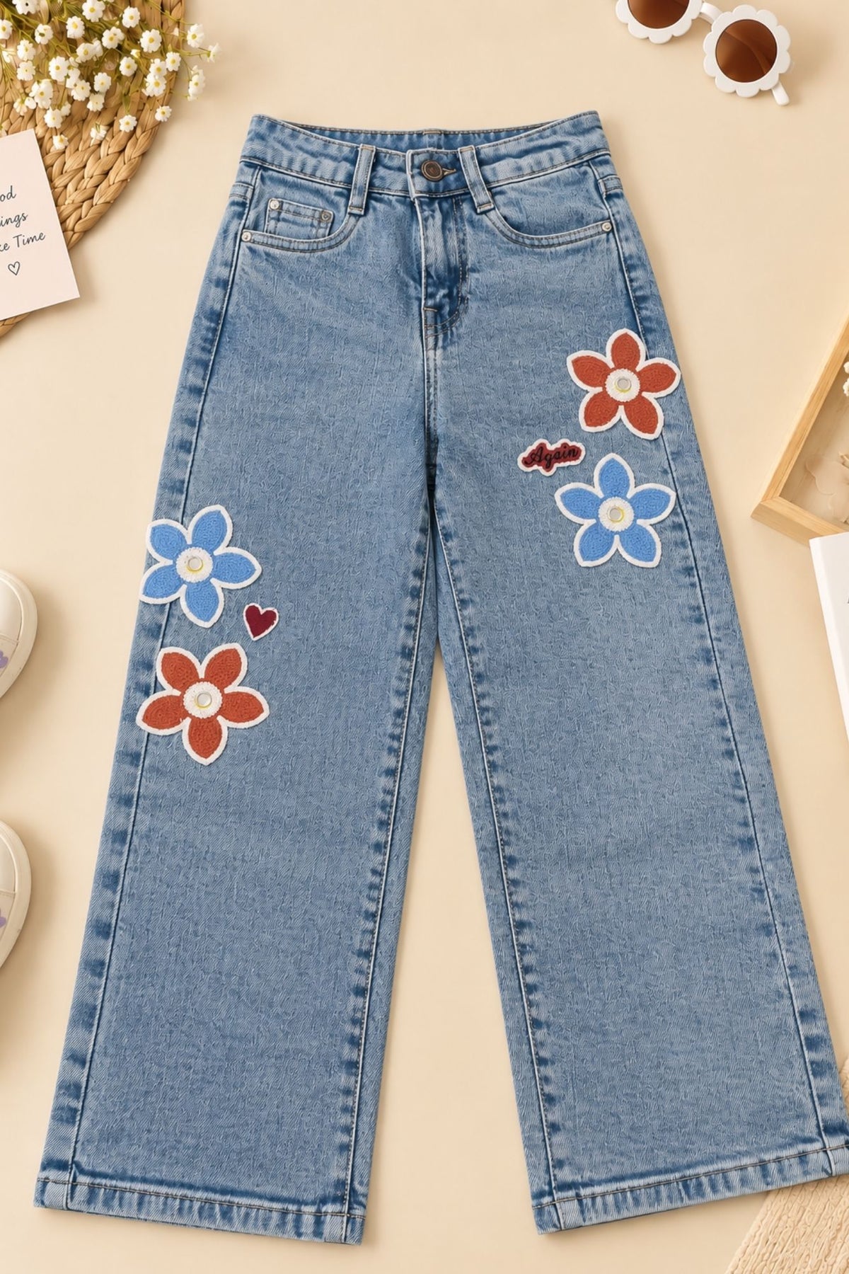 Girls Light Blue Floral Applique Straight Fit Denim Jeans