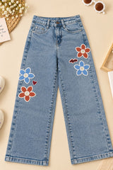 Girls Light Blue Floral Applique Straight Fit Denim Jeans