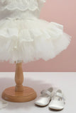White Layered Frock with White Scallop Lace and Floral Accent For Girls