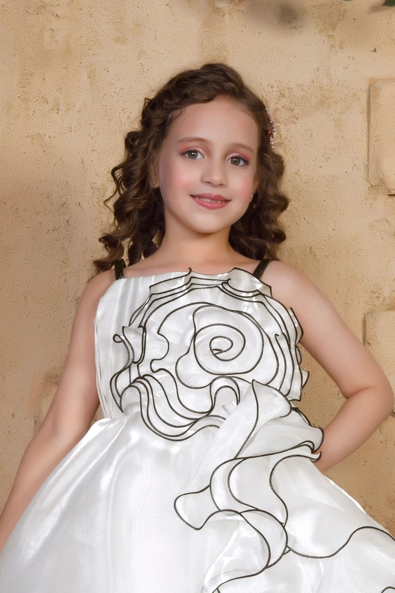 White Spiral 3D Petal Appliqué Party Frock For Girls