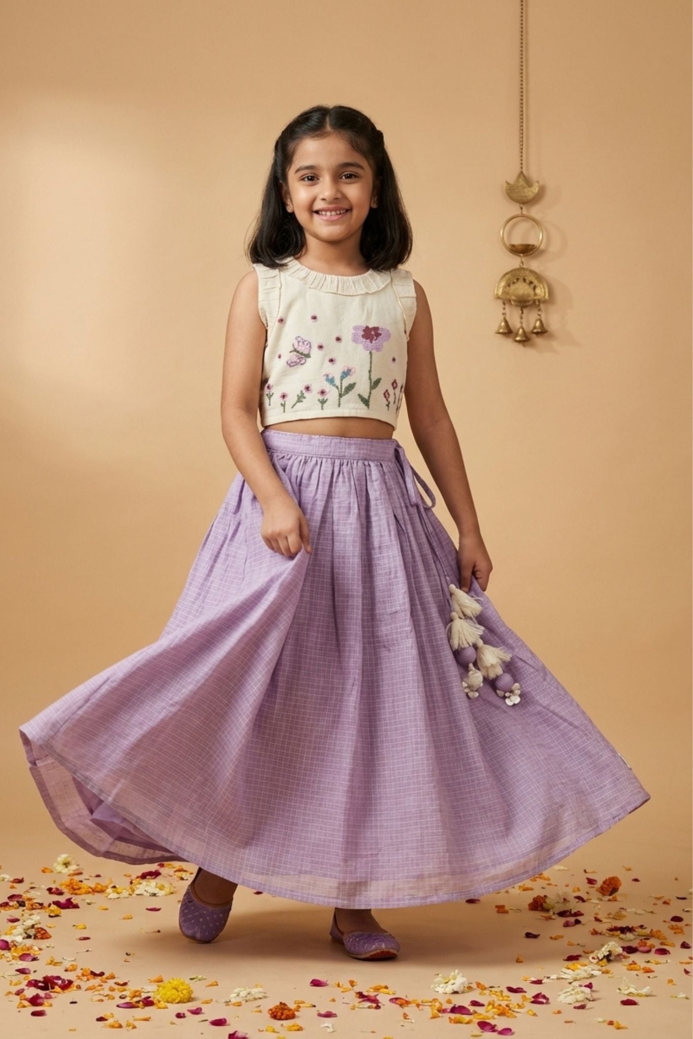 Ivory & Lilac Embroidered Lehenga Choli Set For Girls
