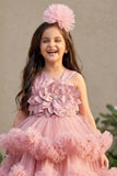 Dusty Pink High-Low Party Wear Tulle Frock With Floral Embellishment For Girls