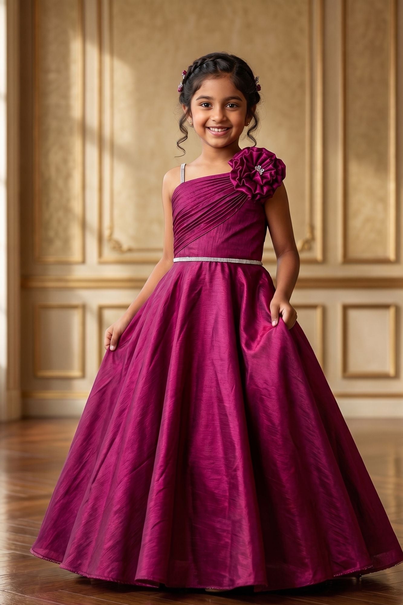 Girls Wine One-Shoulder Party Gown with Floral Applique